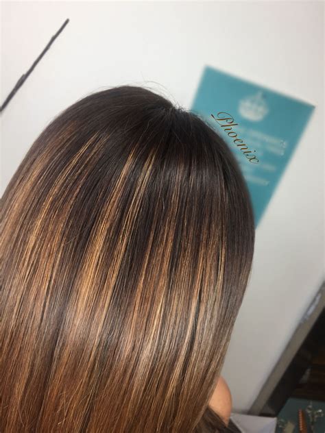 Brunette hair Chocolate coloured hair Feathered foils with base colour