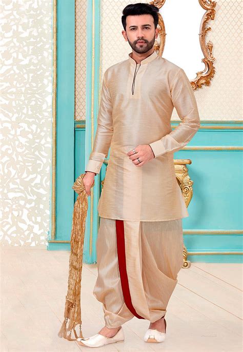 buy contrast trim art silk kurta set  beige  mmq utsav