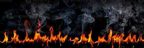 Fire flames with smoke on black background, Burning red hot sparks rise