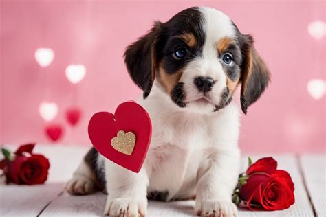 Cute Puppies W Balloons And Hearts Free Stock Photo - Public Domain