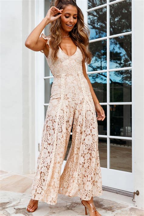 Shop the Take Note Laced-Back Frill Shoulder Lace Jumpsuit Nude