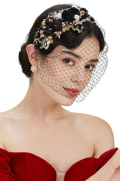 BABEYOND 1920s Fascinator Mesh Flower Pearl Veil Headband Bridal