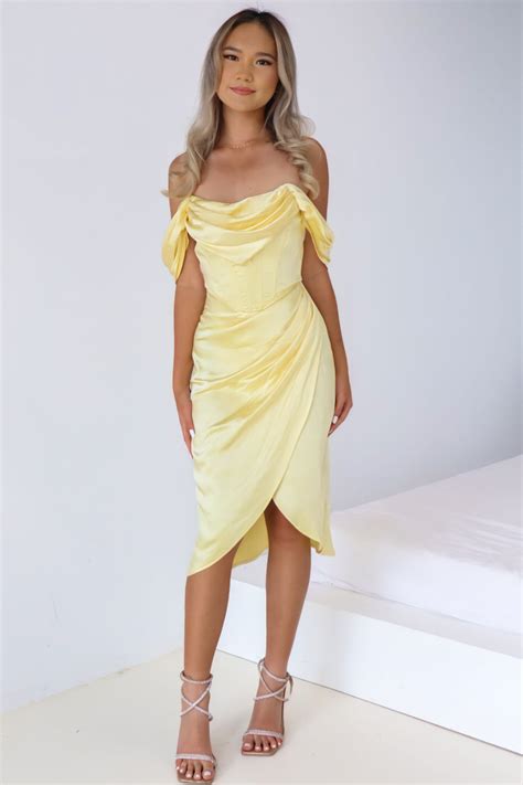 Anastasia Midi Dress - Yellow Satin Corset Off Shoulder Cowlneck Formal
