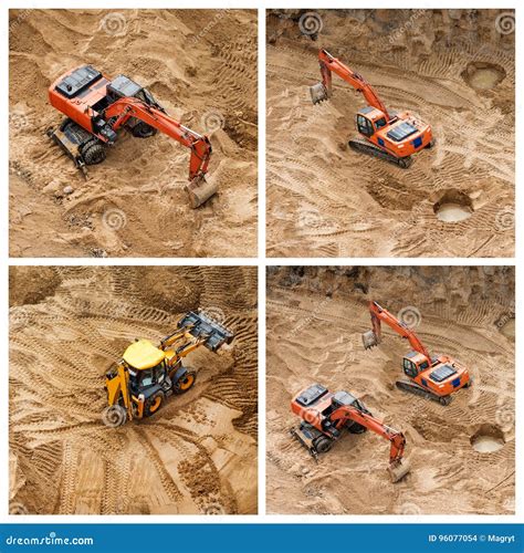 Excavators At Sandpit During Earthmoving Works. Construction Of ...