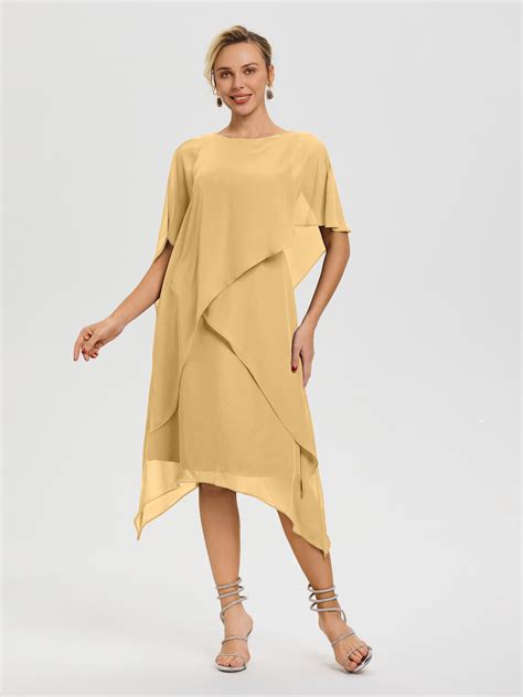 Mother Of The Bride Gold Dress Elegant Jewel A-Line Sleeves V-Neck Kne