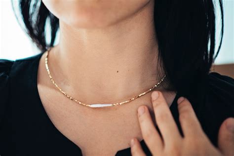 collarbone necklace  natural pearl  sparkle gold color beads