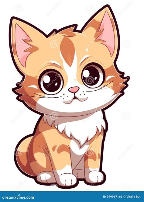 Cartoon Sticker Kitten Looks To the Side Expectantly on White