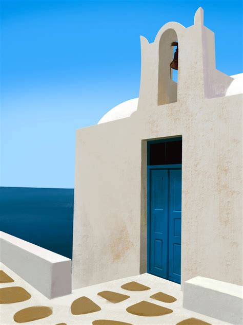 Bell house by the sea - Santorini, Greece - Minimalist Travel Painting - Coastal Aesthetic, an ...