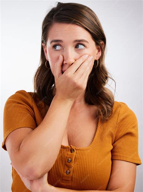 Premium Photo | Hand on mouth wow and woman in studio with surprise