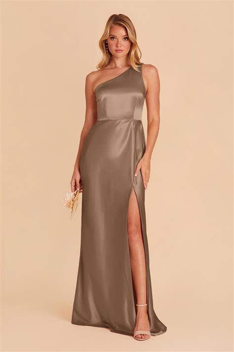 Kira One-Shoulder Satin Dress in Mocha | Birdy Grey
