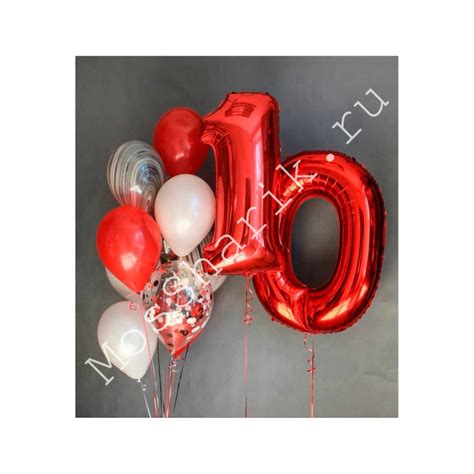 Композиция из шаров 10 лет: цифры и фонтан (красные и белые) - купить с ...