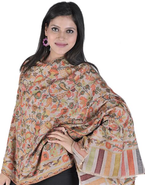 Mahogany-Rose Kani Pure Pashmina Stole with Woven Paisleys and Flowers