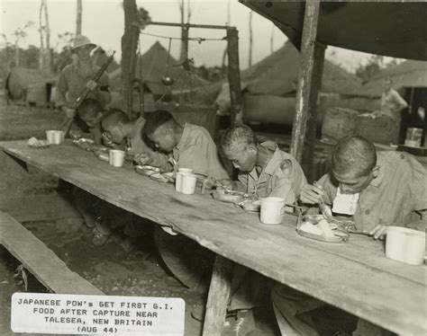 Several Japanese prisoners of war eat meals from US mess kits near