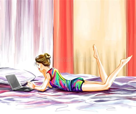 Watercolor Girl in the Bed with Computer Laptop Stock Illustration ...