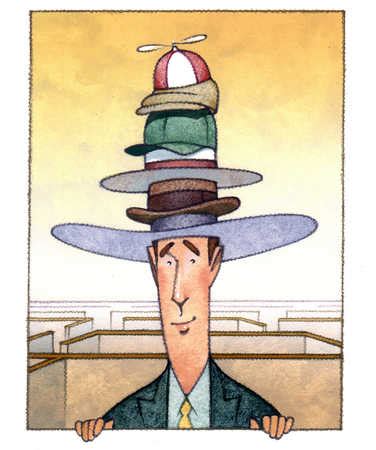 Stock Illustration - Businessman wearing multiple hats