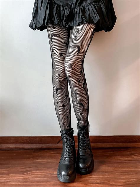 Moon & Star Pattern Fishnet Tights