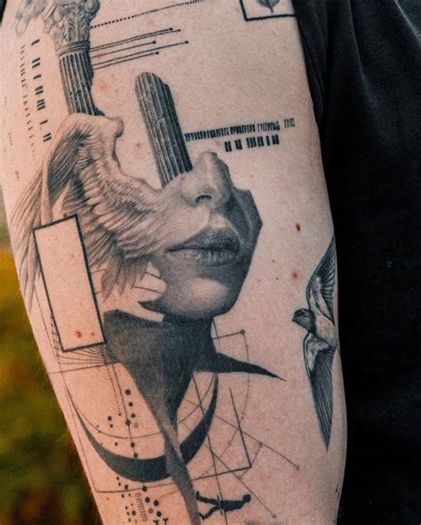 graphic style upper arm composition tattoo healed