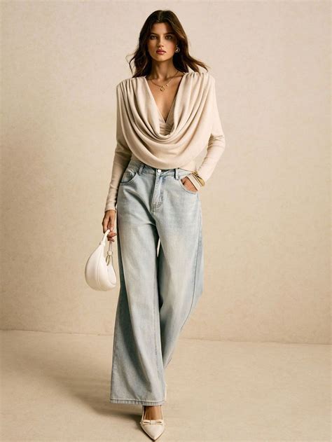 poeselle beige draped cowl neck ribbed knit top soft long sleeve