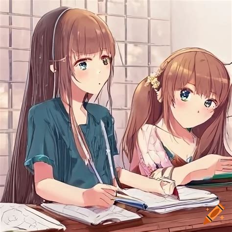 cheerful anime girls studying  books   flower filled terrace