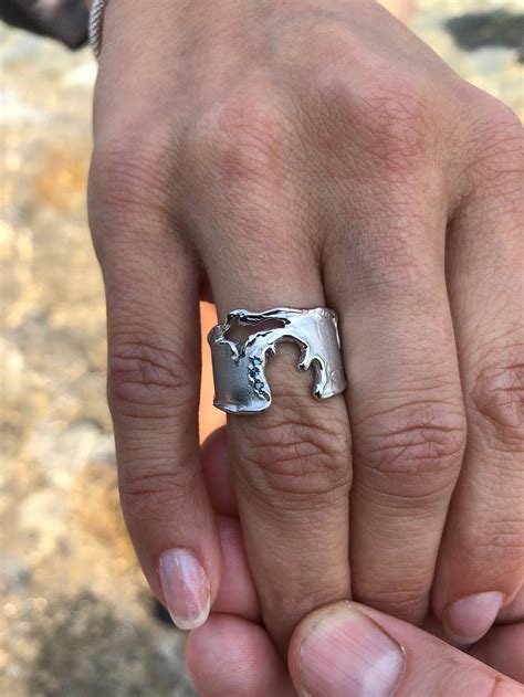 Michigan Silver Blue Diamond Ring Mitten State Love Wide Band | Etsy