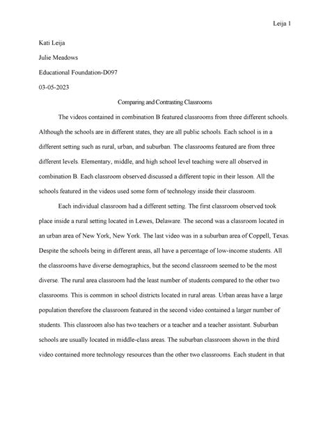 Comparing and Contasting Classrooms - Kati Leija Julie Meadows