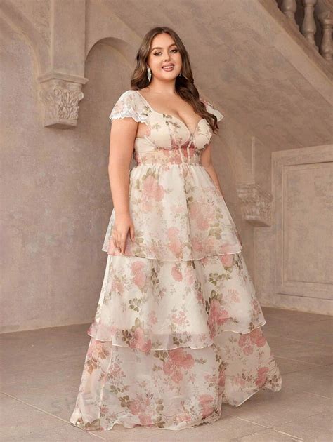 SHEIN Belle Plus Size Floral Print Dress With Sweetheart Collar, Multi ...