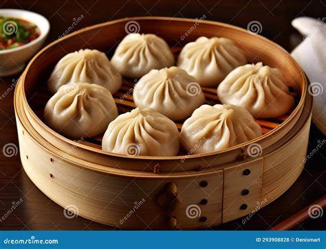 Traditional Chinese Baozi Food in Bamboo Plate on Table.Macro.AI Generative Stock Illustration ...