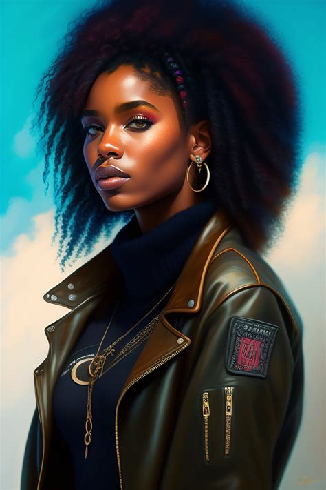 Lexica - Cute punk rock black girl, curly hair, mad max jacket