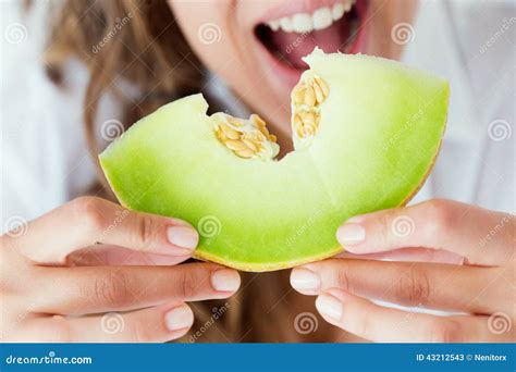 Young Woman in Underwear Eating Melon. Isolated on White Stock Image ...