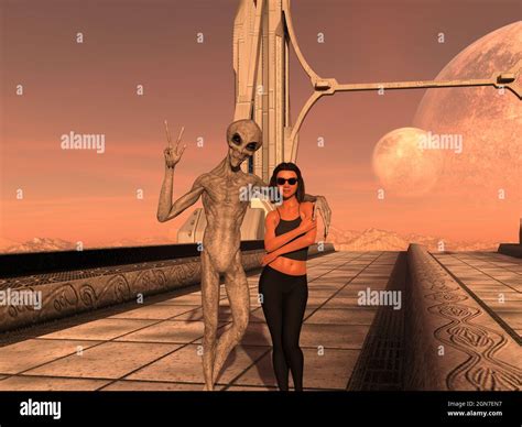 3d illustration of a grey alien with his arm around a human woman ...