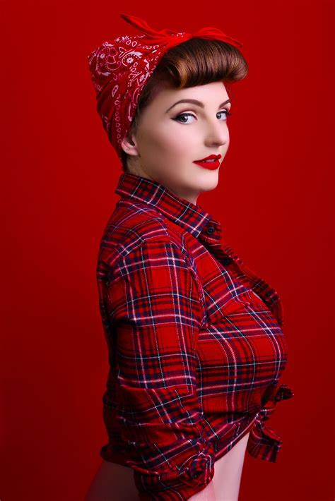 Rockabilly in red with red head scarf and tartan shirt 1950s pinup