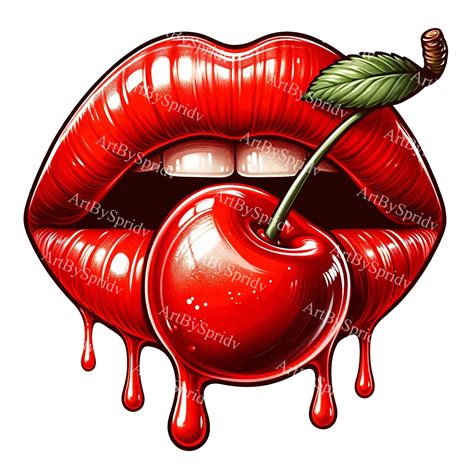 Red Cherry Kiss Clipart Glossy Lip Art PNG Printable Sublimation Design
