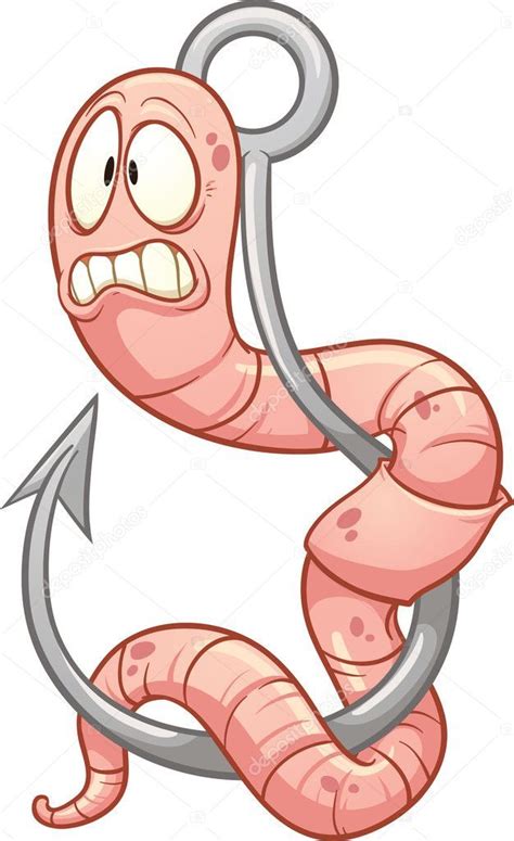 Scared cartoon worm hanging from a fishing hook. Vector clip art ...
