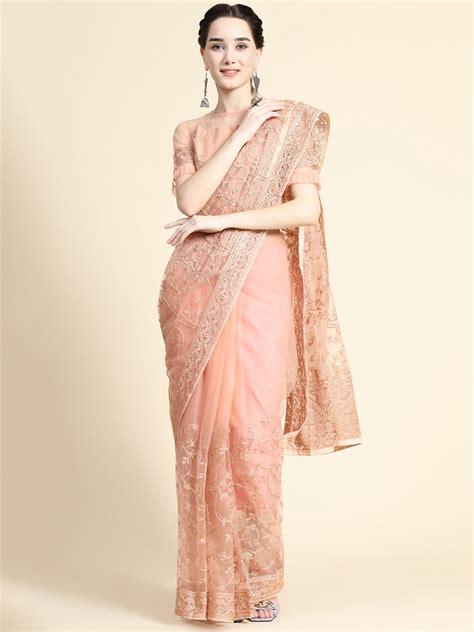 Buy ORUS Orange Floral Embroidered Net Saree - Sarees for Women