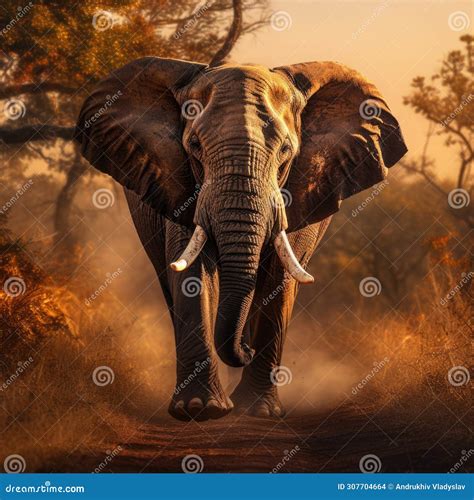 A Huge Elephant Bull Approaches In Golden Light Stock Photo ...