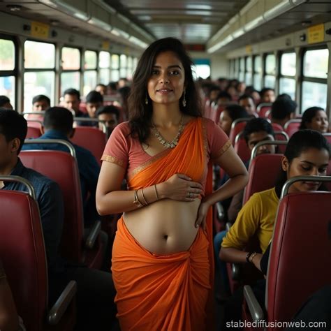 aunty  saree shows navel  crowded bus stable diffusion