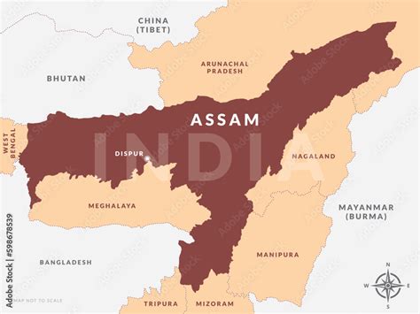 vetor de state  assam india  capital city dispur hand drawn map