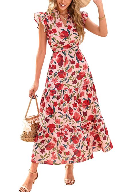 prettygarden womens summer floral midi dress cap sleeve  neck ruffle