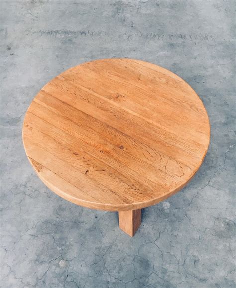 Brutalist Design Oak Round Coffee Table, Netherlands 1960's For Sale at