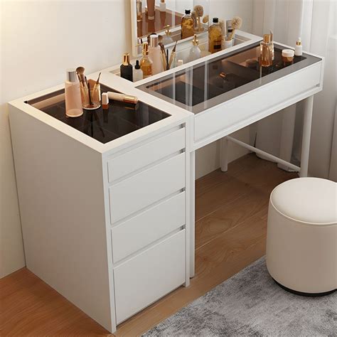 modern white wood makeup vanity  glass top mirror  soft close