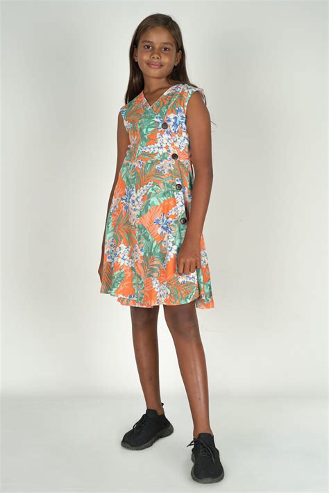 Girls Front Button Sleeveless Dress - Hameedia