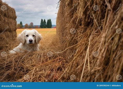 Sheep Hiding Behind Hay Bales, Dog Searching in Distance Stock Photo ...