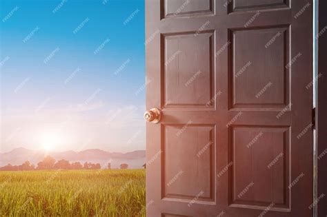 Premium Photo | Open door with a view of green rice field at sunrise ...
