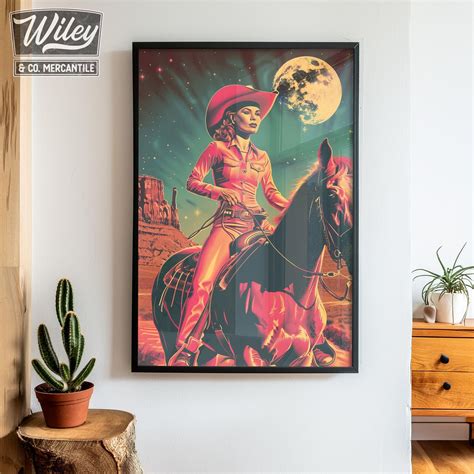 Retro Latin Cowgirl Riding Horse Art Print | Cosmic Space Cowgirl Wall