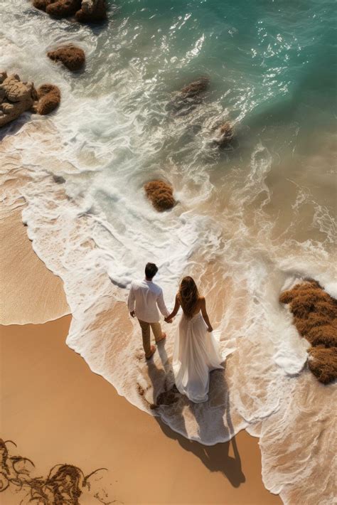 Breathtaking aerial view of the couple holding hands on a beach