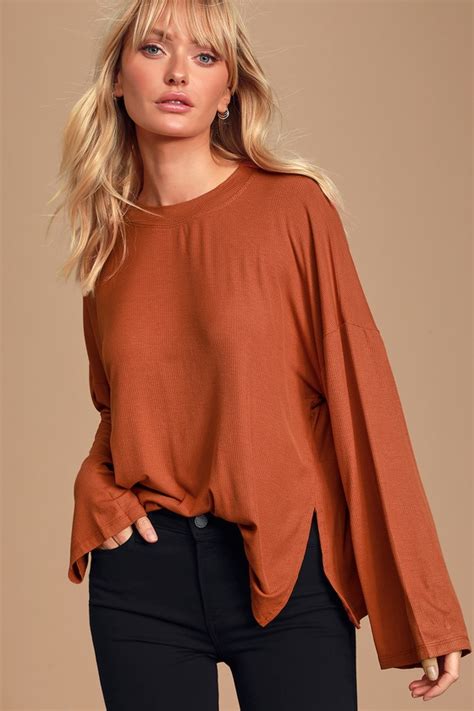 cool rust orange top ribbed top long sleeve top basic top lulus