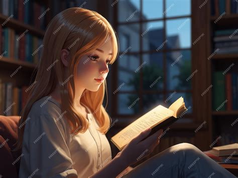 Premium Photo | A 3d anime girl reading a book in a library with books ...