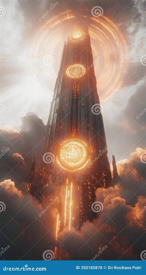 A Towering Structure Glows with Ancient Symbols, Mystical Energy Swirls ...