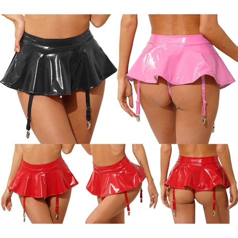 Women Wetlook Leather Mini Skirt with Metal Clips Garter Belt Skirts