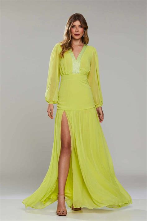Vestido de Festa Longo, Manga Longa, Detalhe Bordado - Lane Verde Lima